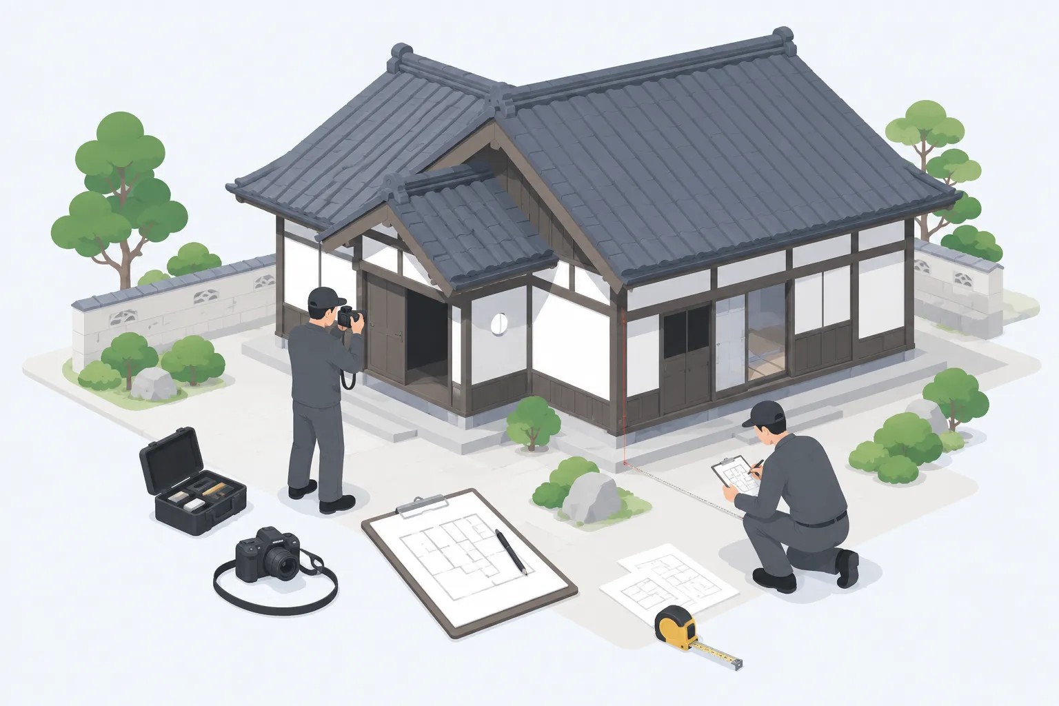 写真撮影と手書きメモで現地調査をおこなうイメージ